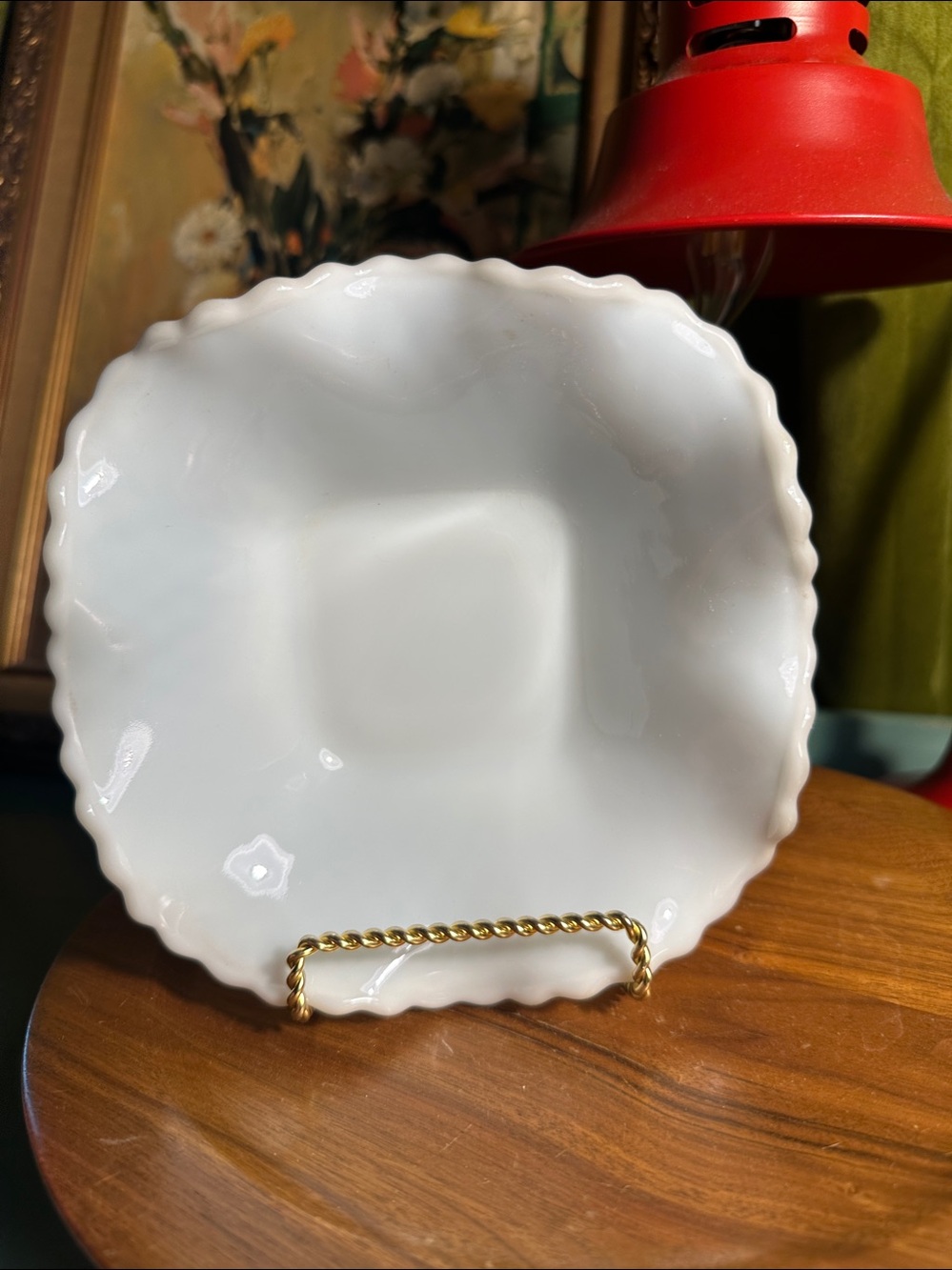 1960s Milk Glass Square Nut & Candy Dish / Bowl, Ruffled Rim, Diamond Pattern